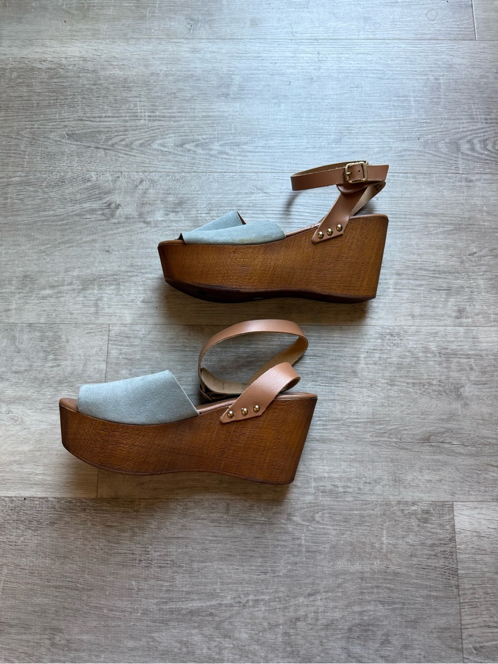Seychelles Forward Wood Platform Suede Strap Wedge Sandals Size 7.5 Italy - Picture 4 of 11